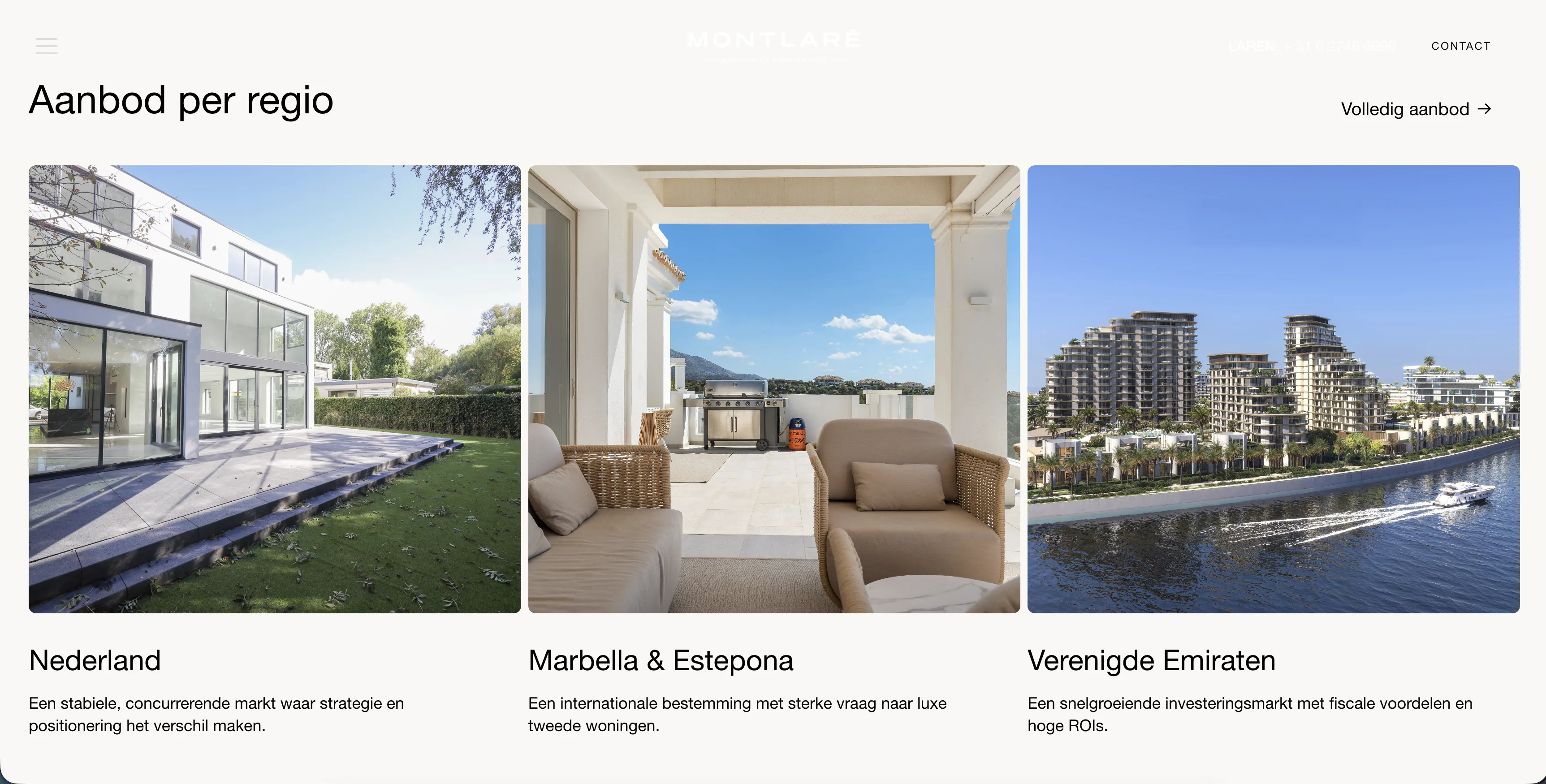 Montlaré Makelaardij homepage hero met drone luchtfoto van Laren